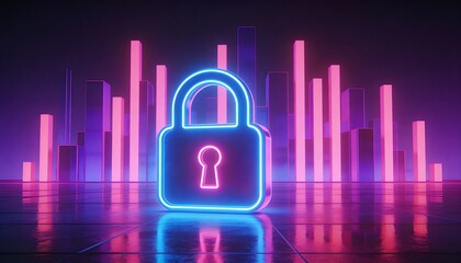Cybersecurity lock, holographic firewall, neon cityscape, digital shield 