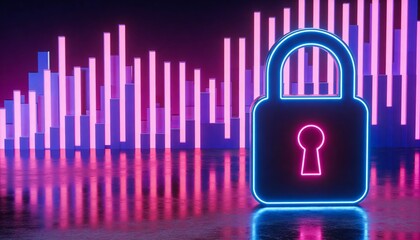 Cybersecurity lock, holographic firewall, neon cityscape, digital shield 