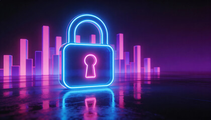 Cybersecurity lock, holographic firewall, neon cityscape, digital shield 