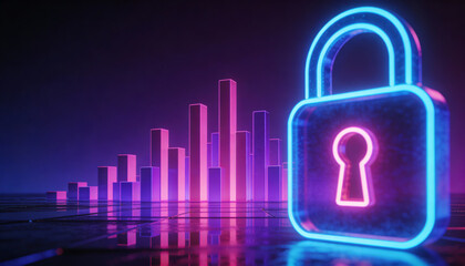 Cybersecurity lock, holographic firewall, neon cityscape, digital shield 