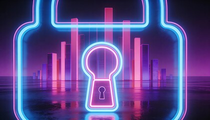 Cybersecurity lock, holographic firewall, neon cityscape, digital shield