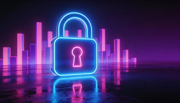 Cybersecurity lock, holographic firewall, neon cityscape, digital shield  - Powered by Adobe