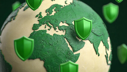 Digital globe surrounded by floating shields, representing global virus protection and cybersecurity for international networks 