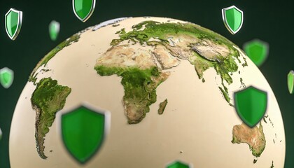Digital globe surrounded by floating shields, representing global virus protection and cybersecurity for international networks 
