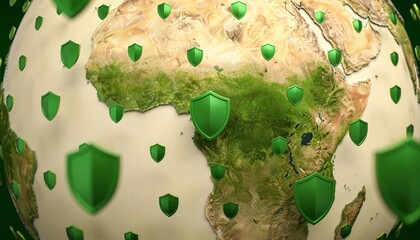 Digital globe surrounded by floating shields, representing global virus protection and cybersecurity for international networks 