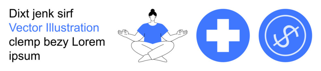 Fototapeta premium Wellness, self-care, health balance, financial planning, meditation, mindfulness. Person meditating surrounded by healthcare and finance symbols. Wellness and health balance concepts