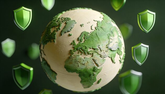Digital globe surrounded by floating shields, representing global virus protection and cybersecurity for international networks  - Powered by Adobe