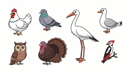 Obraz premium Vector collection of various cartoon birds including chicken, pigeon, stork, seagull, owl, turkey, and woodpecker. Colorful mascot style bird characters isolated on white background.