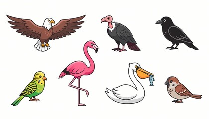 Obraz premium Set of cartoon bird illustrations featuring an eagle, vulture, crow, parakeet, flamingo, pelican eating fish, and sparrow. Diverse bird species characters isolated on white background.