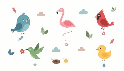 Cute Flat Vector Bird Collection with Flamingo, Bluebird, Cardinal and Hummingbird