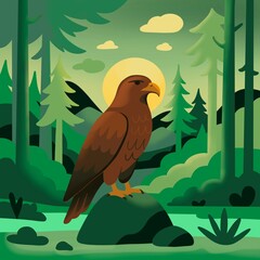 Digital illustration of a hawk in the woods with a forest of pine trees and sunset in background drawn in a monochromatic style