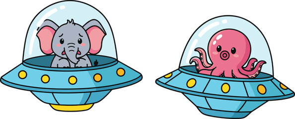 Cute Cartoon Elephant and Octopus in Blue UFO Spaceships Set Isolated on White Background for Kids Design Flat Vector Illustration © Creative_design
