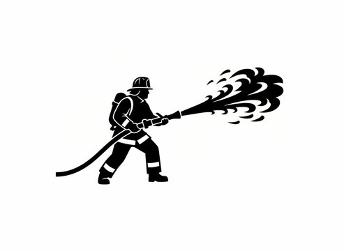 Action silhouette of a fireman extinguishing a fire with a high-pressure water hose. Brave firefighter rescue vector illustration isolated on white.