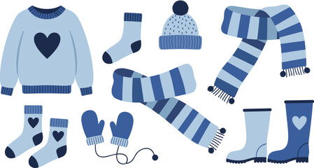 Winter clothing set illustration, flat vector illustration, cozy cold weather accessories, sweater scarf hat gloves boots, isolated white background