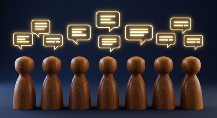 Medium-Brown Wooden Peg Dolls in Horizontal Network with Glowing Speech Bubbles