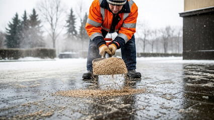 A worker in a high-visibility jacket spreading de-icing salt on a slippery sidewalk. Manual labor for winter safety during a snowstorm