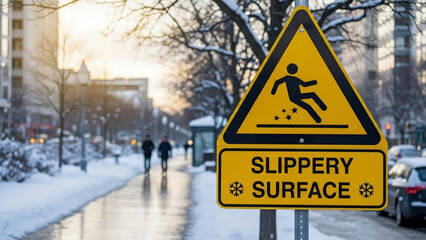 Yellow slippery surface warning sign on an icy winter street. Caution symbol for snow and ice hazard. Safety alert on sidewalk