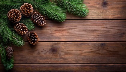 Fototapeta premium Christmas Evergreen Branches With Pine Cones On Rustic Wood Background