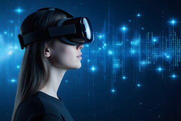 Woman experiences virtual reality with blue binary code cascading in the background