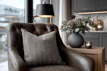 Cozy luxurious modern living room interior, elegant home decor in calm and neutral colors
