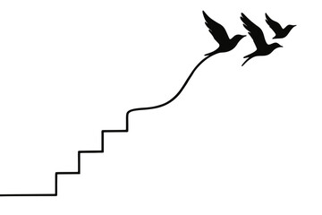 Birds flying up stairs symbolizing freedom and progress towards a brighter future