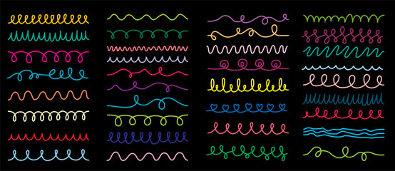 Set of Colored Scribble Seamless Lines, Doodle Curly Pattern Brushes for Illustrator
