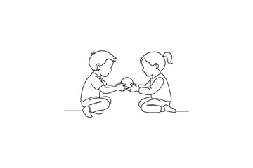 Two children sharing a ball while sitting on the floor, simple line art illustration