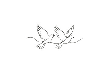 Elegant single line drawing of two doves flying gracefully in unison against a white background