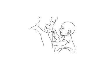 Simple line art illustration of a baby reaching for a parent's necklace