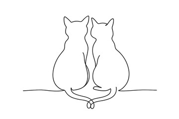 Two cats sitting together, their tails forming a heart shape in a minimalist line drawing