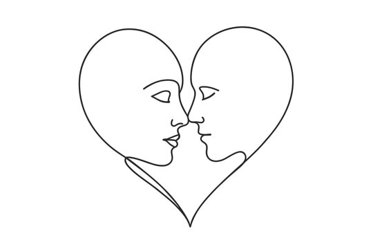 Minimalist line art of two faces forming a heart shape, about to kiss