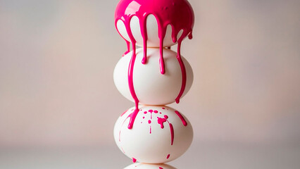 Stacked white eggs dripping vibrant pink paint art