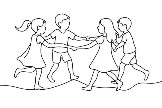 Children holding hands and dancing in a circle, simple line art illustration
