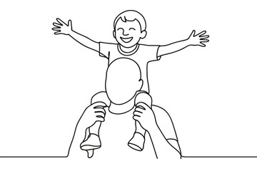 Obraz premium Joyful child rides on father's shoulders, arms outstretched in a line art illustration
