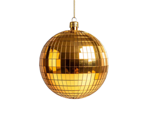 Hanging golden sphere reflecting light, covered in small, square mirrors, against a black backdrop