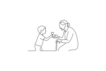 Child gives heart to grandmother, symbolizing love and generational connection in a simple line drawing