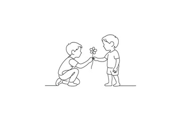 Two children sharing a flower in a simple line drawing illustration
