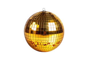 Golden sphere, covered in tiny reflective squares, hangs against a stark black background