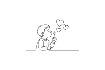 Cute child blowing heart-shaped bubbles with a joyful expression, simple line art