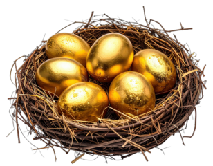 A close-up shot of a bird's nest filled with six shiny golden eggs