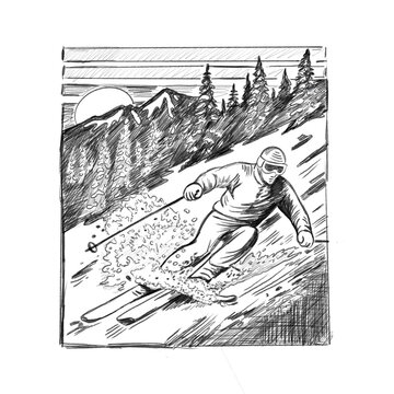 Pencil sketch of person skiing down a snowy mountain slope on skis with sunset in background, illustrated as a concept for a t-shirt design