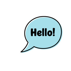 A light blue speech bubble with the word Hello on a white background illustration