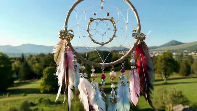 dreamy cinematic 4K shot of handcrafted dream catcher adorned with fea rs beads and threads gently suspended against beautiful outdoor landscape