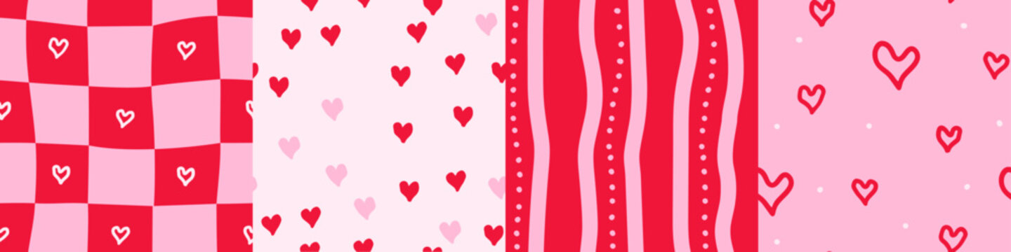 Set of whimsy romantic patterns. Cute and lovely symbols and shapes. Repeated checkered and striped seamless pattern with rough hearts isolated. Flat vector