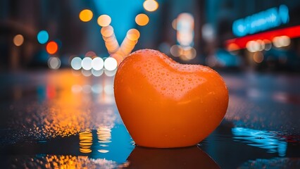 Close up of orange heart shaped object on wet street at night