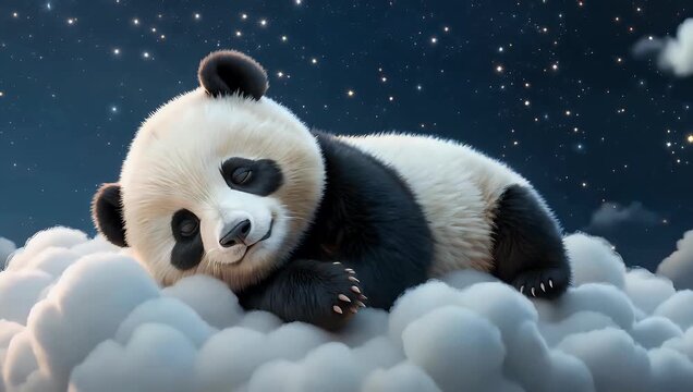 soothing 4K quality video template designed as lullaby for babies featuring continuously looping animation of adorable panda character peacefully sleeping on soft cloud beneath night sky encouraging