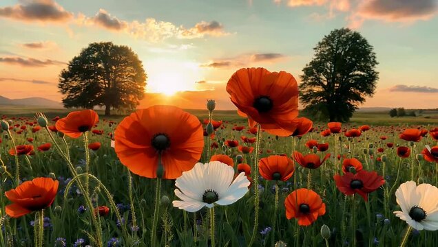breathtaking 4K scenic landscape video showcasing beautiful expansive field of blooming opium poppies Papaver somniferum ba d in soft warm golden light of sunset hour emphasizing natural beauty and