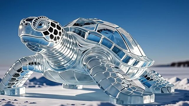 Ice turtle sculpture with detailed texture, realistic reflections, and camera movement around it, showcasing icy elegance and fragile beauty.