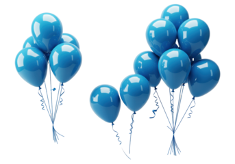 Vibrant bright blue glossy latex balloons with curling strings floating against a seamless transparent studio background, soft lighting, perfect reflections, festivity atmosphere