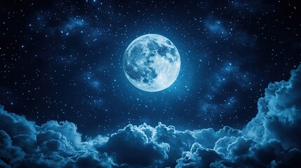 Obraz premium Full Moon Shining Above Clouds in Star - Filled Night Sky